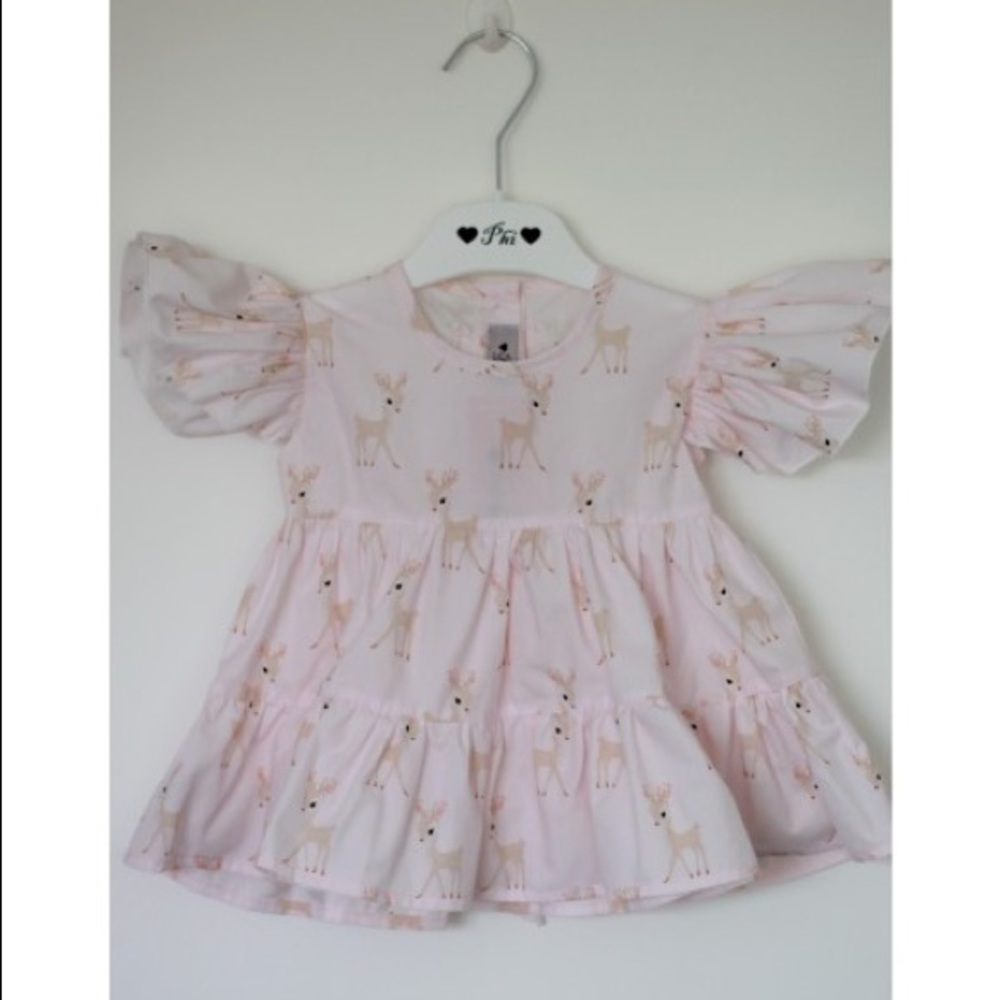 Pink Deer Print Tiered Dress for Girls